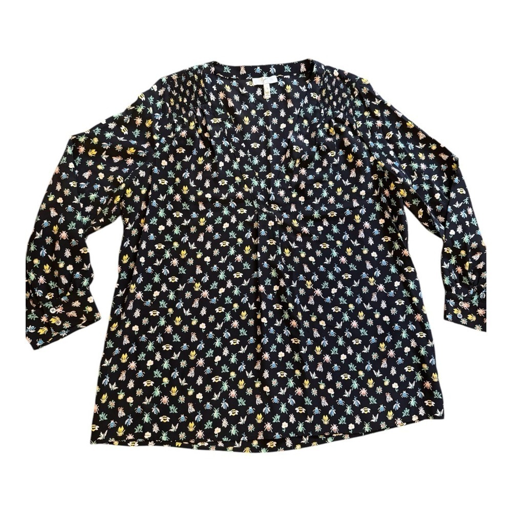Joie Aceline Silk Button V Neck Blouse in Black Bees and Bugs Print